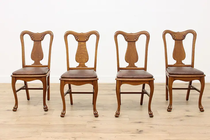 Set of 4 Oak Victorian Antique Carved Dining Chairs Leather #47634