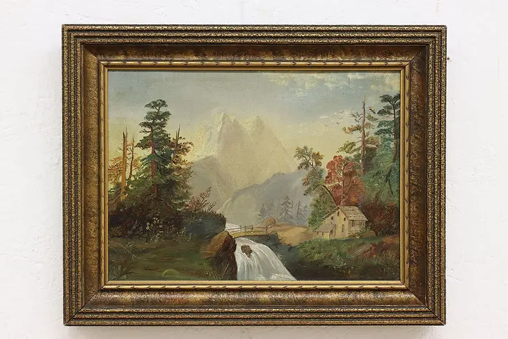 Cabin in the Mountains Antique Original Oil Painting 17.5" #47505