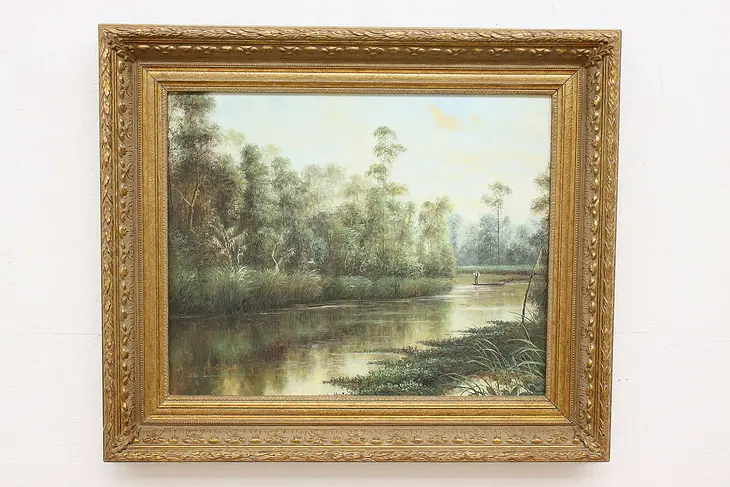 Bayou Landscape Vintage Original Oil Painting, Signed 40" #47506