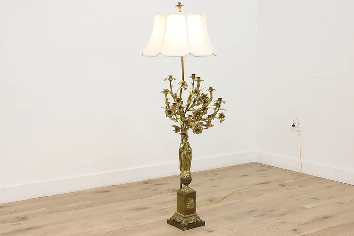 Brass Antique Floor Lamp & Sculpture, Candle Holder, Shade #46505
