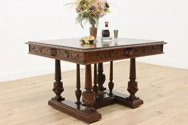 Italian Antique Walnut Center or Dining Table, Carved Lions #36027