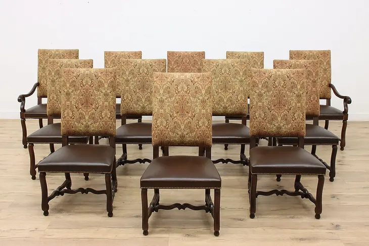 Traditional Set Of 12 Tapestry & Leather Dining Chairs #47462