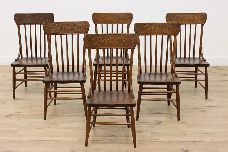 Set of 6 Farmhouse Antique Press Carved Elm Dining Chairs #47913