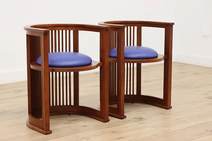 Pair Frank Lloyd Wright Design Cherry Barrel Chairs Leather #47717