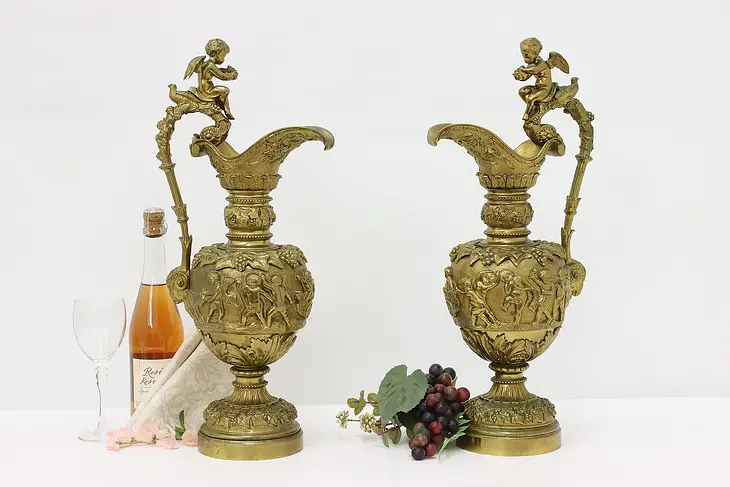 Pair of Renaissance Antique Mantel Ewers Cherubs Grapes Rams #47565