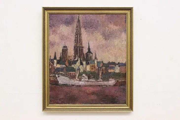 Antwerp Cathedral Vintage Original Oil Painting Giefs 31.5" #47648