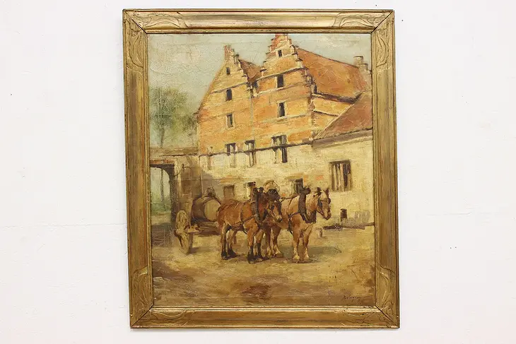Horses & Wagon Antique Original Oil Painting, Signed 36.5" #47734