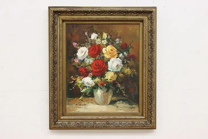Roses Still Life Vintage Original Oil Painting, Frank 33" #47507