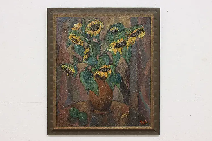Sunflower Still Life Vintage Original Oil Painting Giefs 32" #47649
