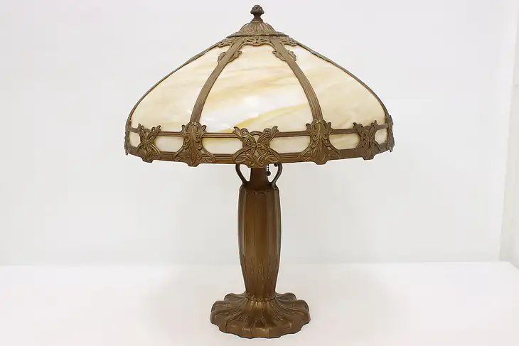 Office or Library Antique Stained Glass Panel Shade Lamp #47883