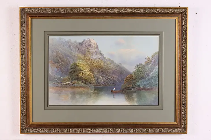 Canoe on River Vintage Original Watercolor Painting 29.5" #47069