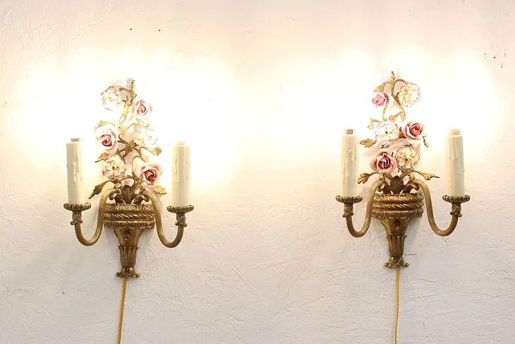 Pair of Antique Brass Wall Sconce Lights, Porcelain Flowers #45355