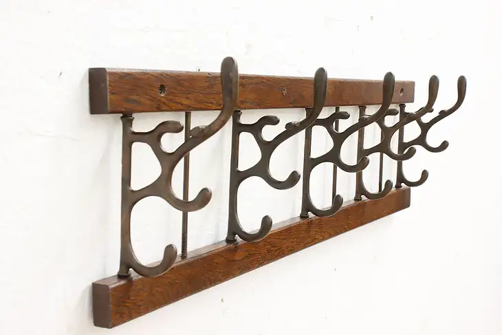 Victorian Farmhouse Antique Oak & Iron Hat & Coat Rack #47911