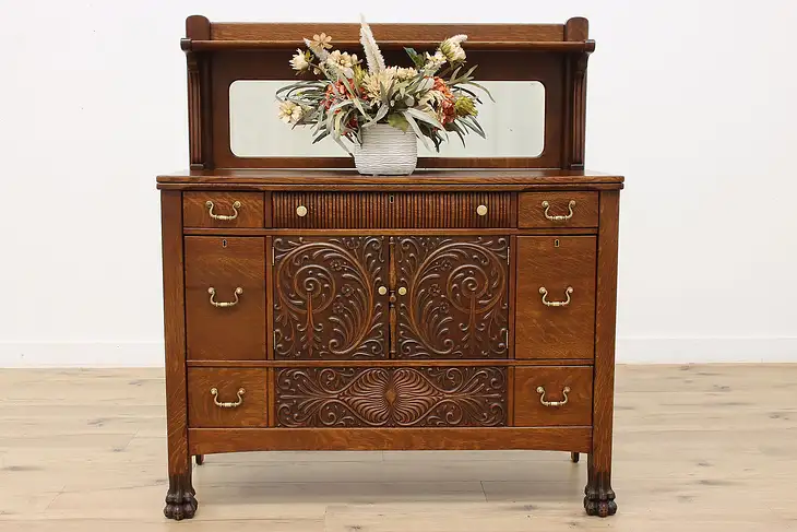 Victorian Antique Oak Sideboard Server Bar, Carved Paw Feet #47644