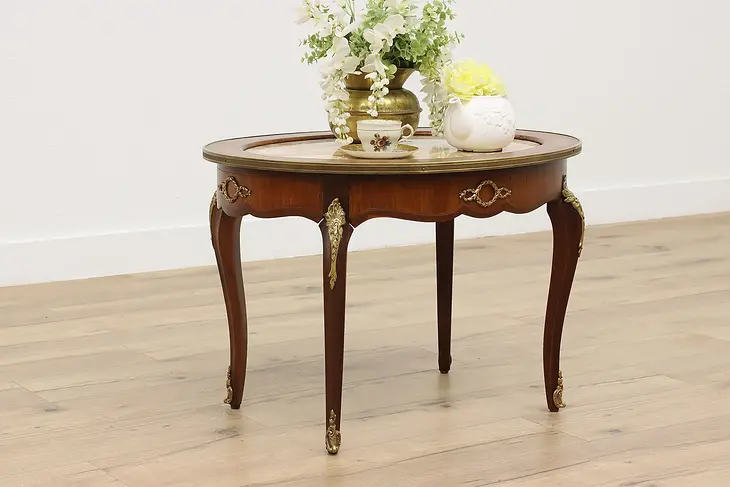 French Antique Banded Mahogany Coffee Table, Marble & Brass #47498