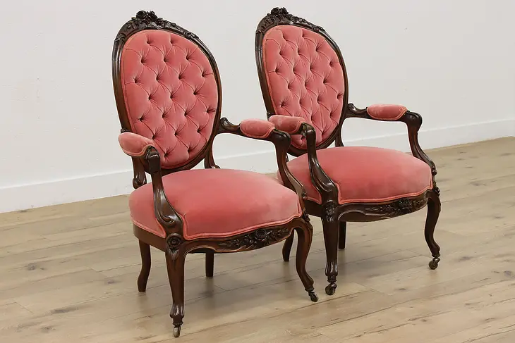 Pair Victorian Antique Carved Rosewood Tufted Velvet Chairs #47509