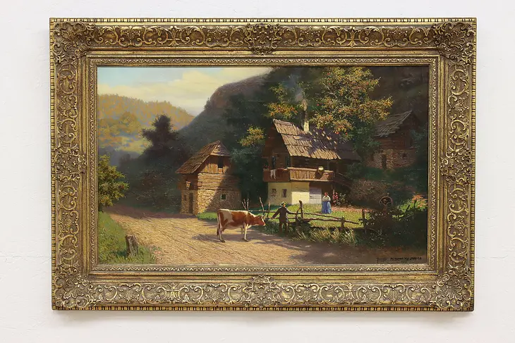 Farmers & Cow Vintage Original Oil Painting, Kollmann 40.5" #48003