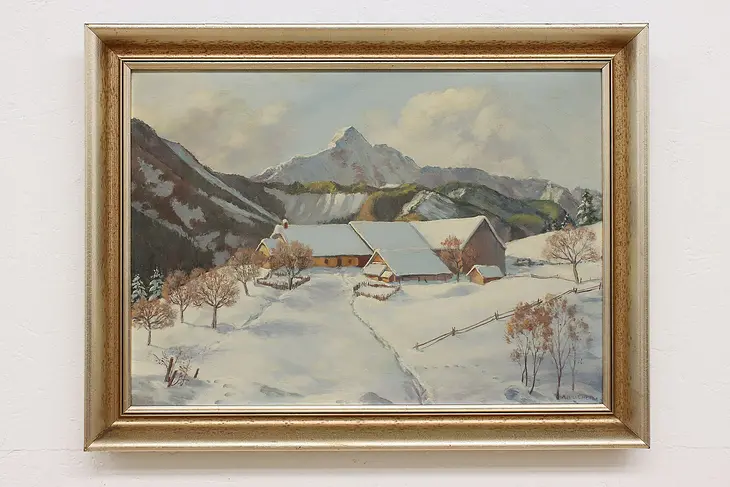 Winter Farm Original Vintage Oil Painting, Hillebrach 32" #47775