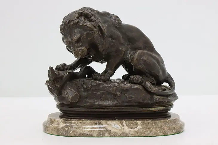 French Antique Bronze & Marble Lion and Serpent after Barye #48011