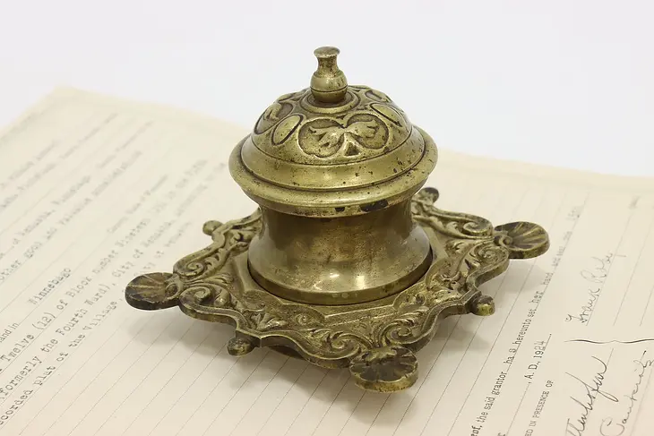 French Antique Brass Covered Desktop Inkwell, Shell Motif #47043
