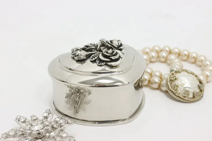 Heart Shape Vintage Silverplate Jewelry Box, Roses #47044