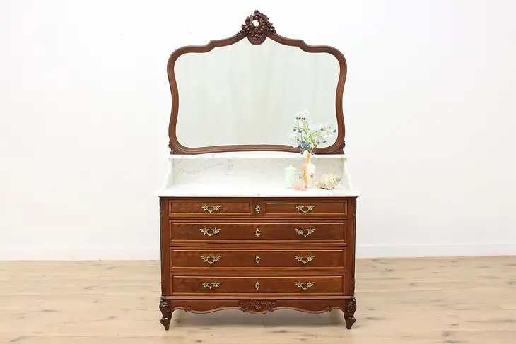 French Antique Mahogany Marble Top Chest or Dresser, Mirror #47861