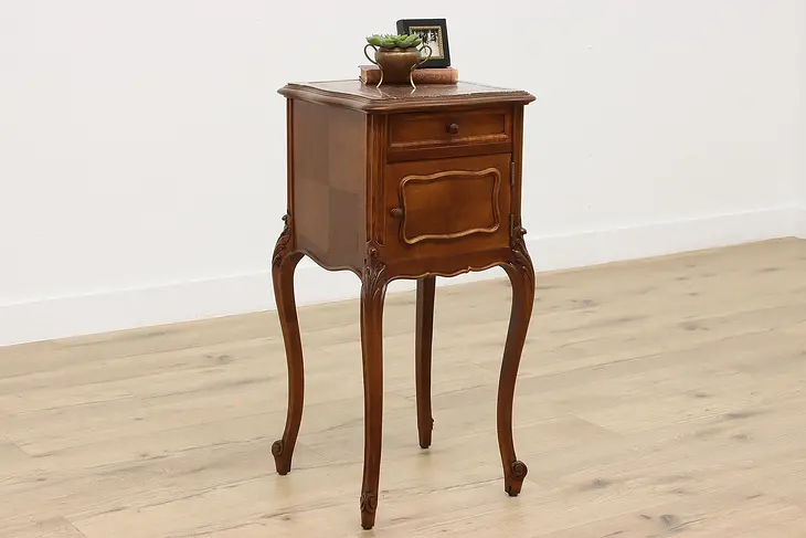 French Antique Marble Top Walnut Nightstand End Side Table #47863