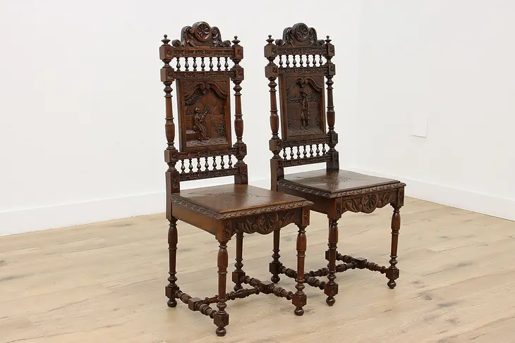 Pair of Antique Oak French Brittany Chairs, Carved Couple #47066