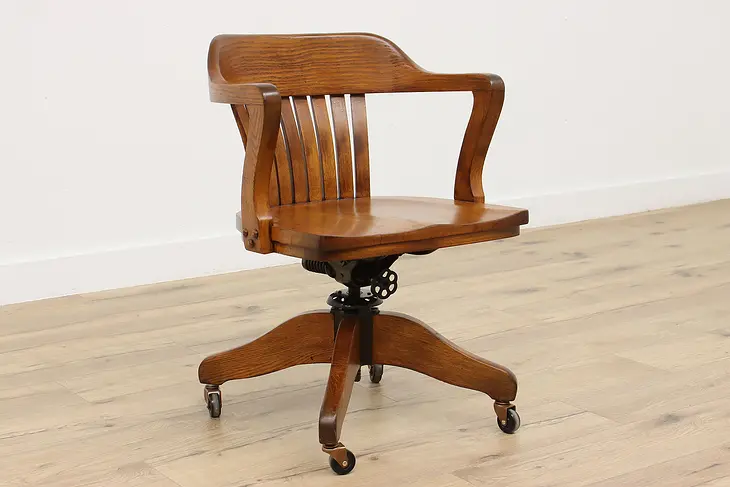Oak Antique Swivel Adjustable Office Library Desk Chair #41743