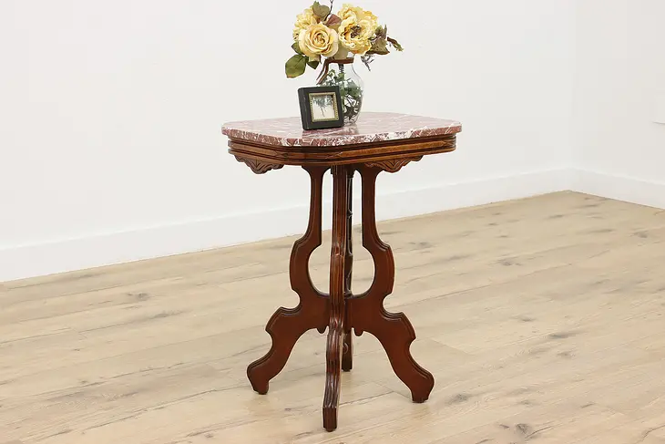 Victorian Antique Carved Walnut End or Side Table, Marble #47481