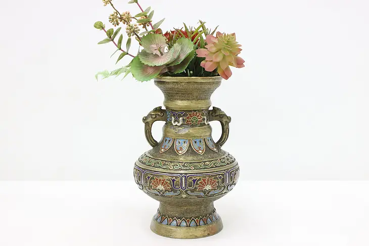Japanese Antique Bronze & Cloisonne Enamel Vase, Dragons #47059