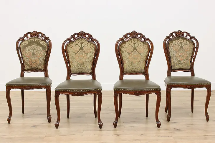 Set of 4 Italian Carved Dining or Game Chairs Leather Velvet #47560