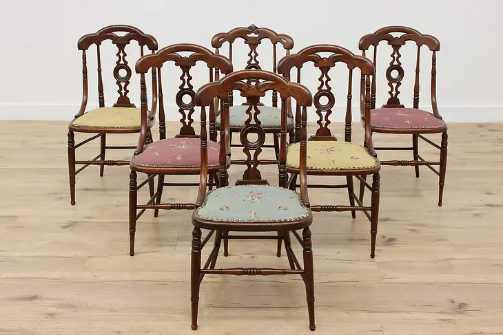 Set of 6 Antique Victorian Oak Dining Chairs, Needlepoint #47366