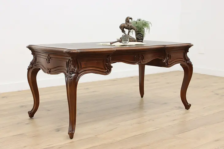 French Antique Carved Walnut Leather Top Office Library Desk #47865