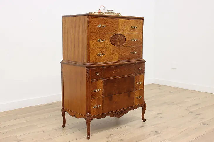 French Design Vintage Marquetry Tall Chest Dresser, Northern #48084