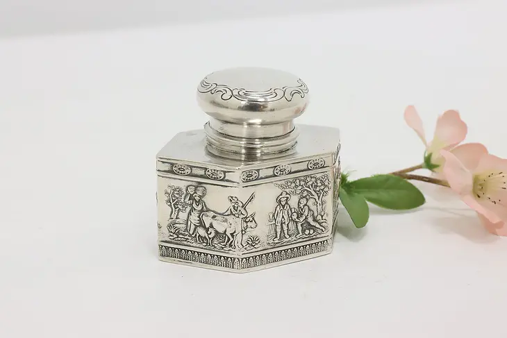 Classical Antique Silver Inkwell with Farm Scenes #47977
