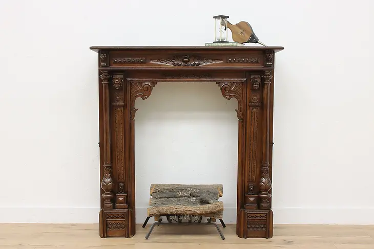 Danish Antique Oak Fireplace Mantel, Carved Heads & Lions #48151