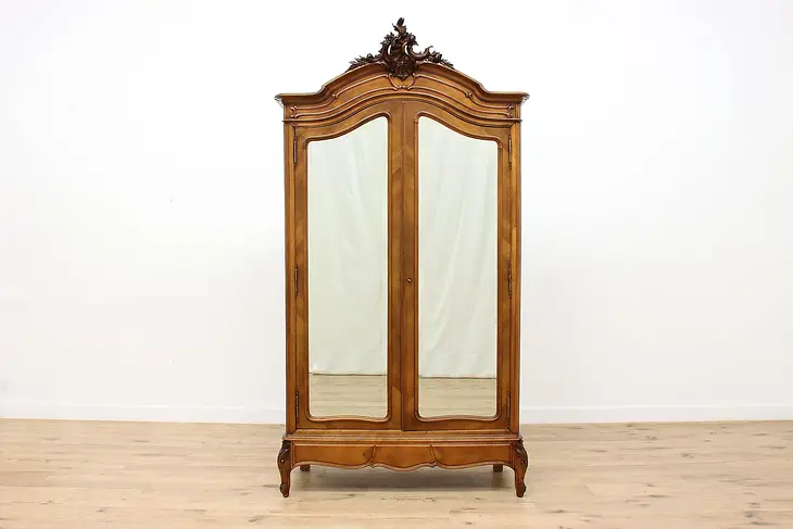French Louis XV Antique Walnut Armoire or Wardrobe, Mirrors #47862
