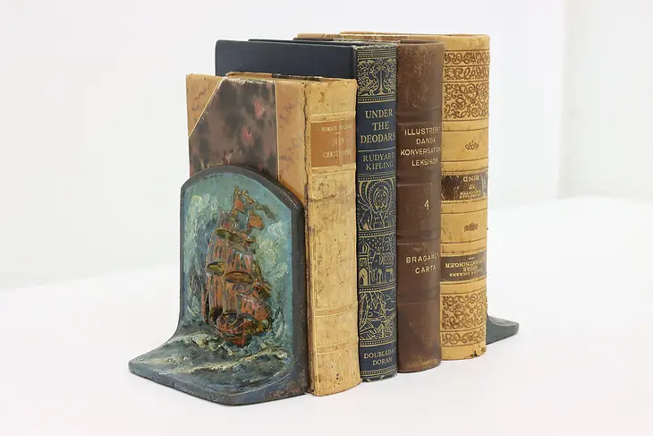 Pair of Cast Iron Antique Painted Ship Library Bookends #47063