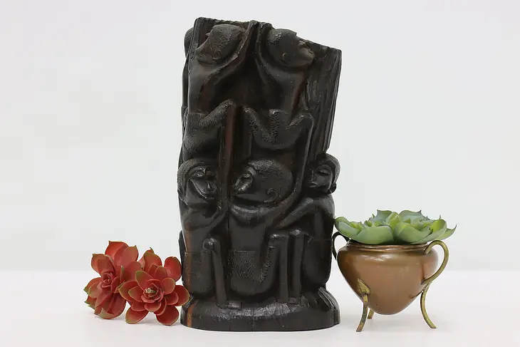 African Carved Ebony Sculpture, Figures Clinging to Tree  #47401