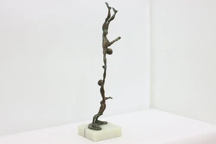 Bronze Acrobats Vintage Sculpture, Onyx Base, Signed '68 #48014