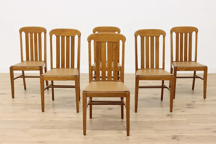 Set of 6 Oak Craftsman Antique Leather Dining Chairs Heywood #48088