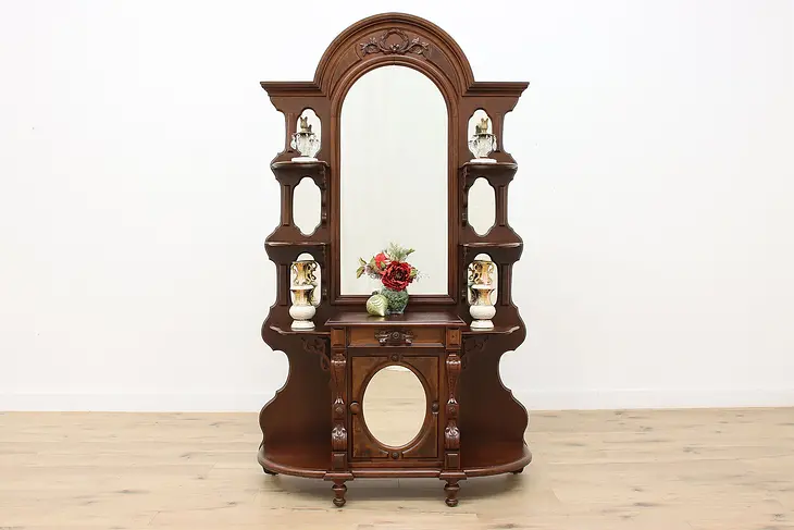 Victorian Antique Walnut, Burl Etagere Curio Display Cabinet #48250