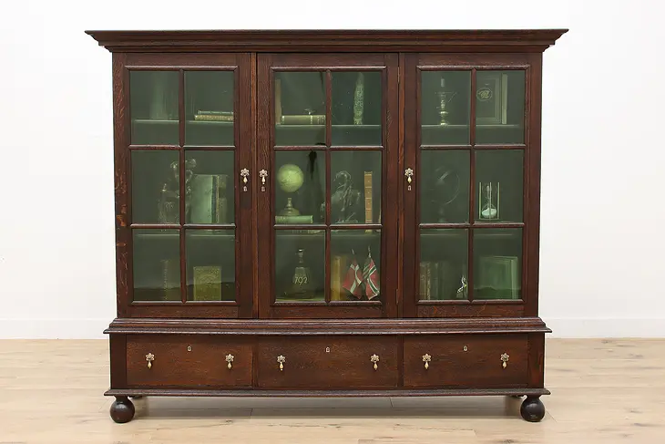 Dutch Antique Oak Triple Office Bookcase, Stained Glass #48133