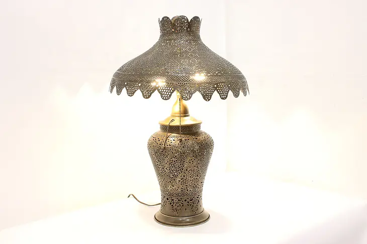 Pierced Brass Antique Turkish Lamp, Lighted Base #46653