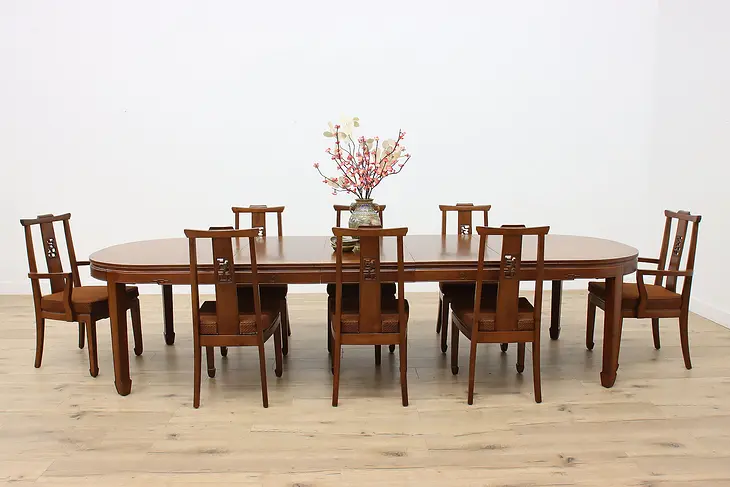 Teak Vintage Chinese Dining Set Table & 8 Chairs, Meng Co #48092