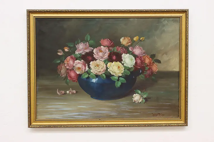 Roses Still Life Vintage Original Oil Painting, Fischer 39" #47076
