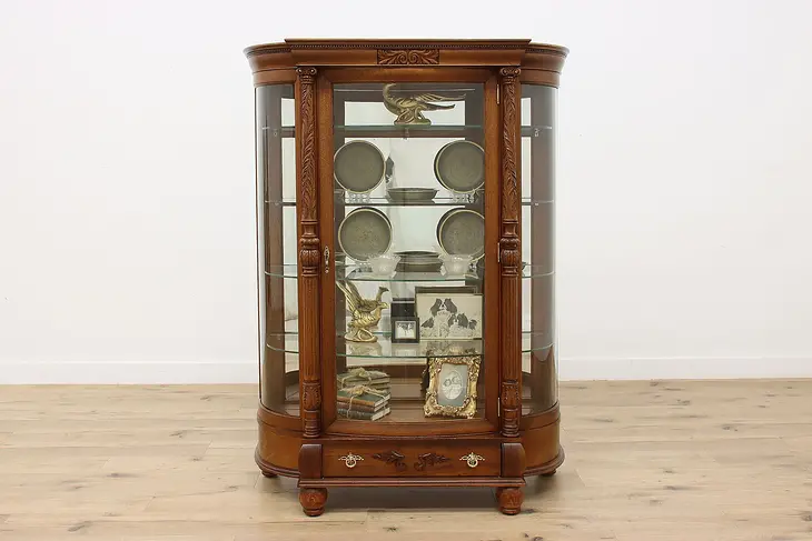 Victorian Antique Oak Curved Glass China Curio Cabinet #48183
