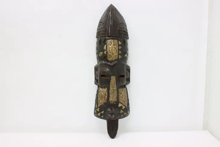 African Traditional Carved Folk Art Mask, Brass Inlay #47535