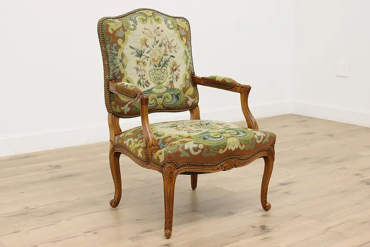 Country French Vintage Carved Chair, Needlepoint Upholstery  #48164